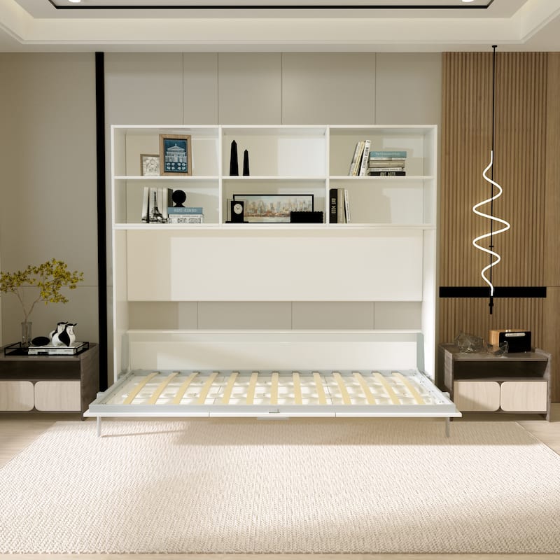 Mordern Design Twin Size Horizontal Murphy Bed with Shelf Storage - White
