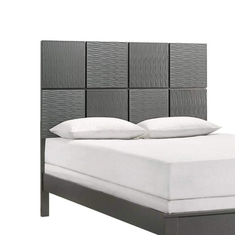 Deny Full Size Bed w Patterned Headboard, Tapered Front Legs, Metallic Gray