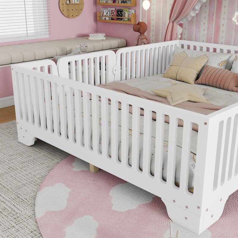Kids Floor Bed with Safety Fence and Removable Door for Boys Girls