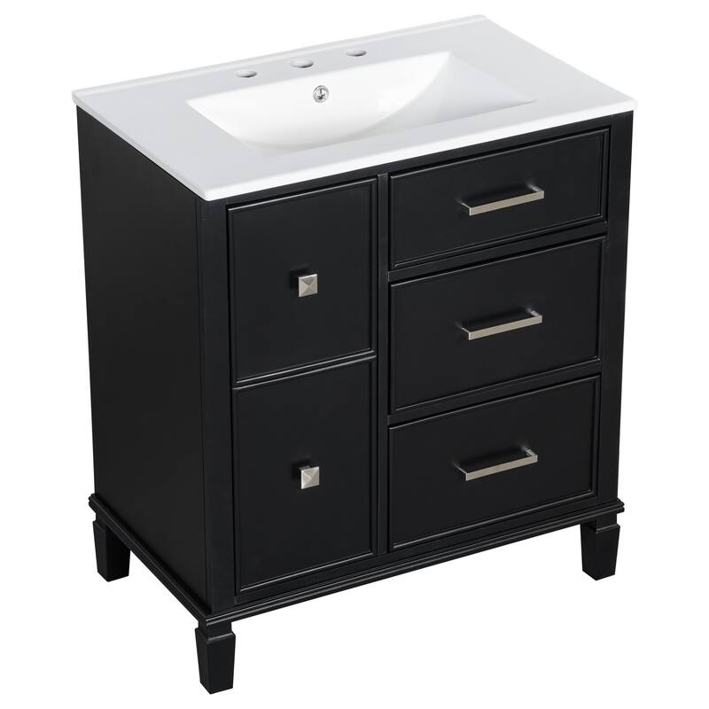 30 Inch Bathroom Vanity with Ceramic Sink, Flip-Out Drawer Design for Plumbing, Painted MDF Cabinet with Solid Wood Legs