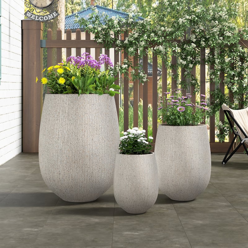 Egg-Shaped Lightweight MGO Outdoor Planter Set of 3,Modern Stone-Look Textured Flower Pots with Drainage Holes and Rubber Plug