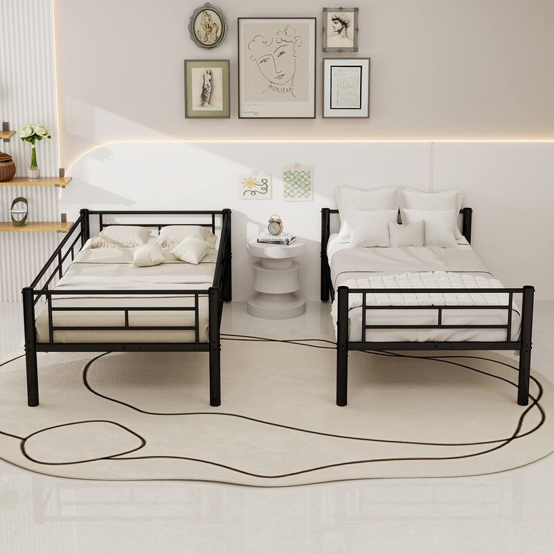 Twin Over Twin Metal Bunk Bed for Kids Boys Girls, Metal Structure Bedframe with Ladders & Guardrail, Convertible 2 Beds