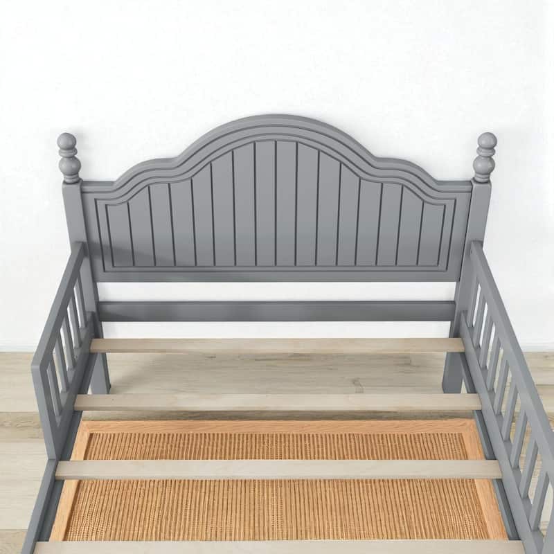 Twin/Full Size Wooden Kids Bed with Headboard, Footboard, Guardrails and Storage, Platform Bed Frame