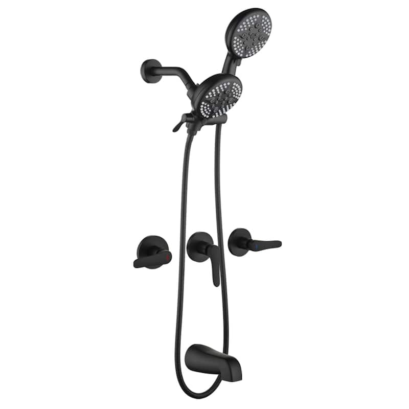 Wall Mounted Shower Faucet with Tub Spout Complete Matte Black Rain Dual Shower Head Shower System Wth Rough-in Valve - Matte Black