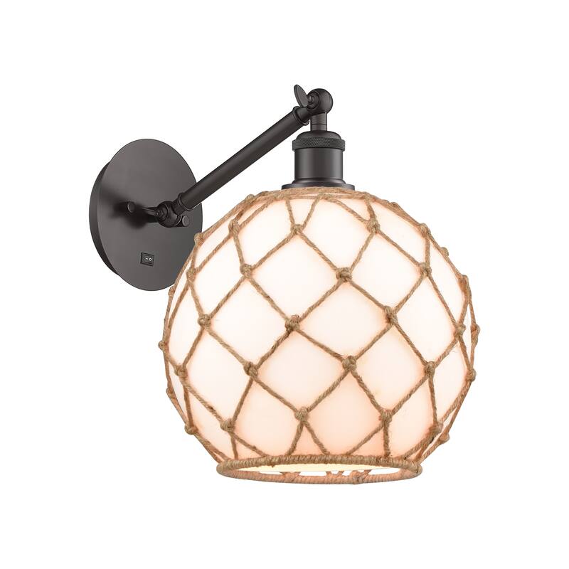 Innovations Lighting Endless Possibilities Ballston - Farmhouse Rope - 1 Light 10" Adjustable Sconce - Arm Adjusts Up and Down - White Glass with Brown Rope/Oil Rubbed Bronze