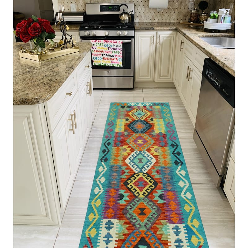 Flatweave Useni Turquoise/Rust Runner - 2'6" x 9'3"