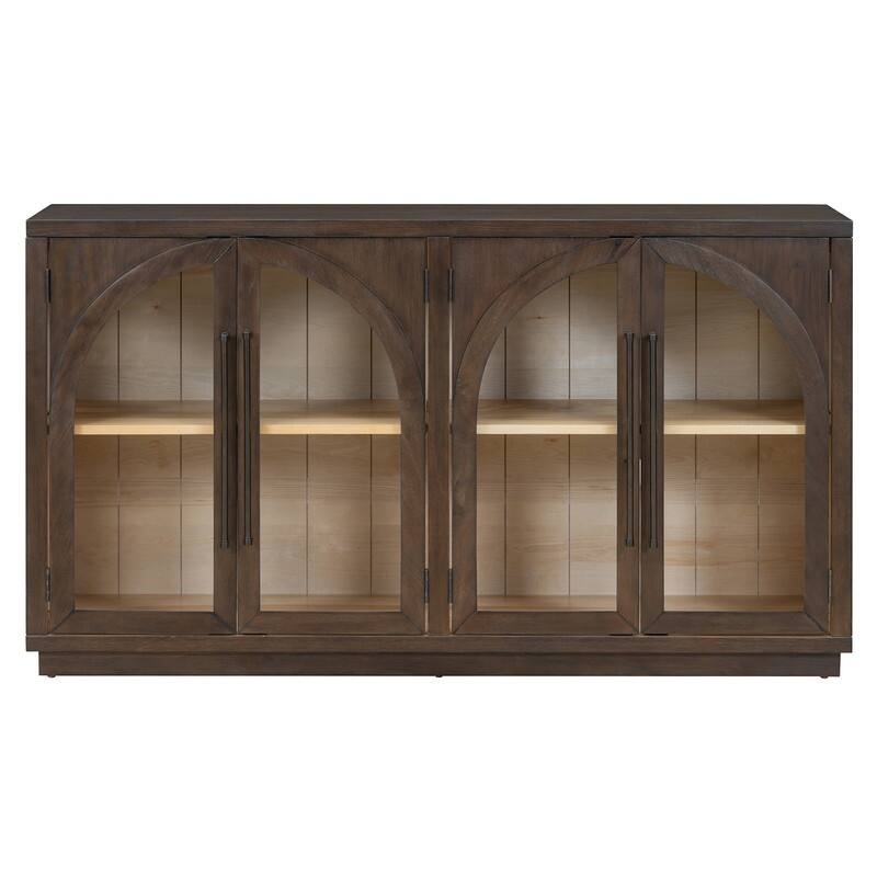 Retro Style Wood Buffet Sideboard with 4 Arched Glass Doors, Kitchen Storage Side Cabinet with Adjustable Shelves