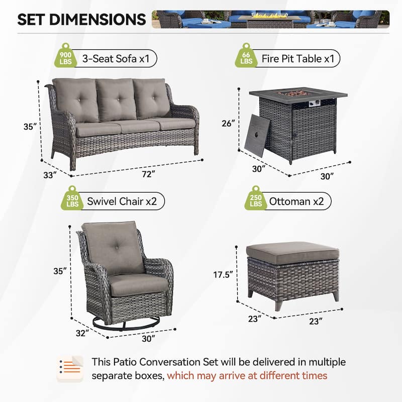 Gymojoy 6-Piece Outdoor Furniture Sofa Set with 2 Swivel Chairs, 2 Ottomans & 55K BTU Fire Pit Table