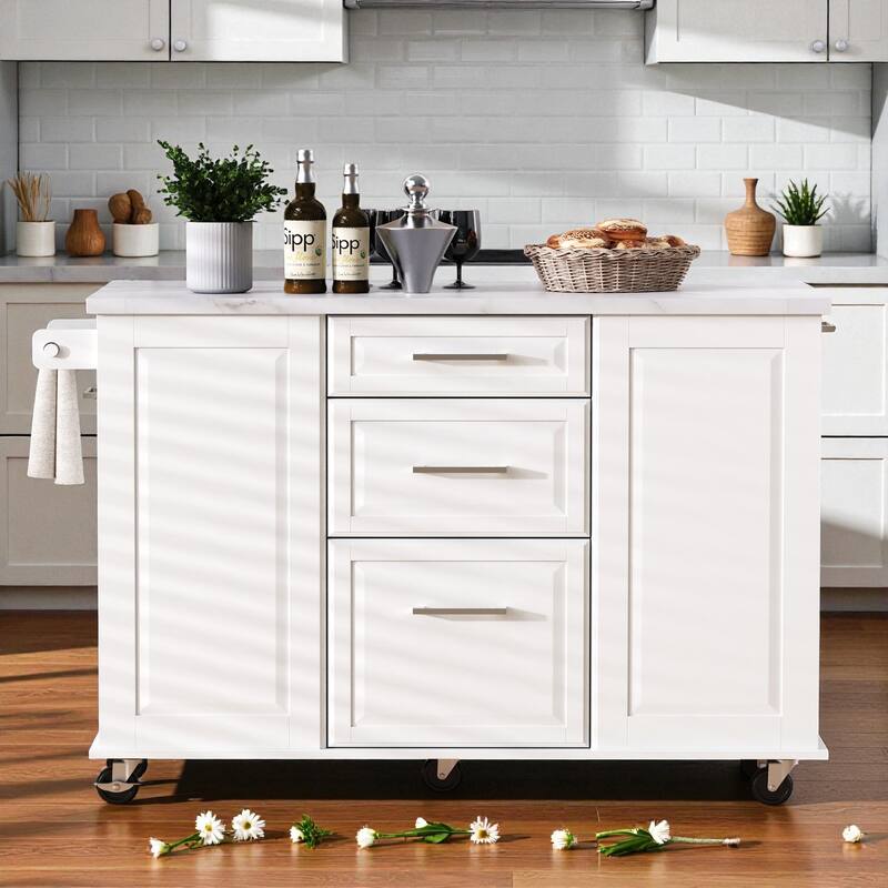 50.7" Rolling Kitchen Island with Tilt Trash Cabinet, Drop Leaf, Pull-Out Organizer, 2 Drawers and 1 Door