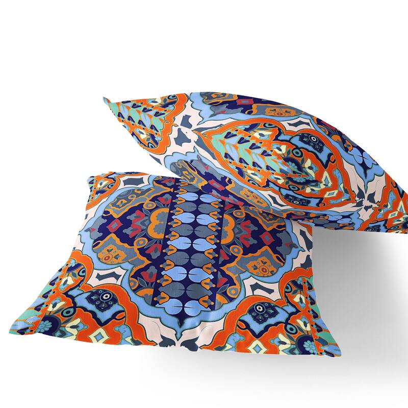 HomeRoots Set of Two 16" X 16" Blue and Orange Blown Seam Floral Indoor Outdoor Throw Pillow - 16.00' X '16.00' X '5.00