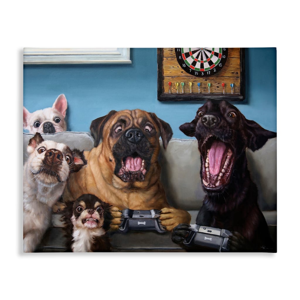 Stupell Funny Dogs Playing Video Games Livingroom Pet Portrait Canvas Wall Art - Blue