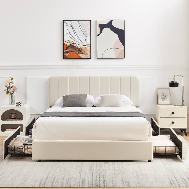 Javlergo Upholstered Platform Bed Frame with Storage Drawers and Adjustable Headboard, No Box Spring Needed - Beige - Queen
