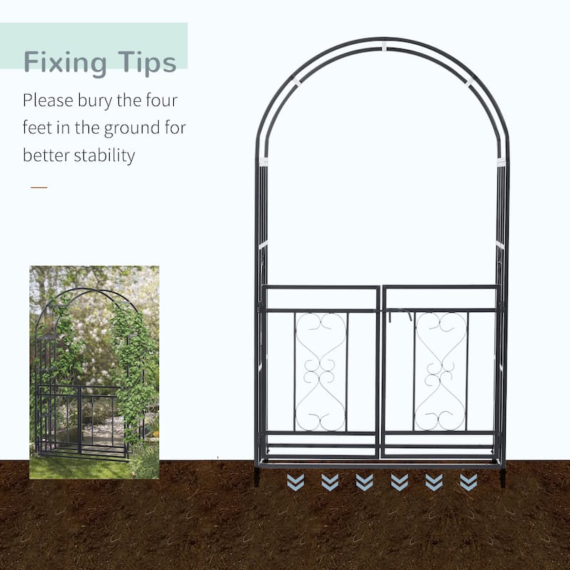 81"Metal Garden Arbor with Double Doors, Locking Gate, Climbing Vine Frame with Heart Motifs,Grey