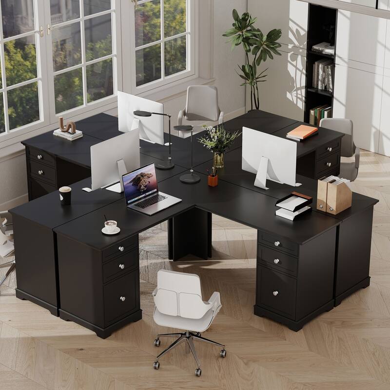 Farmhouse L Shaped Executive Desk Home Office Desk with File Drawer