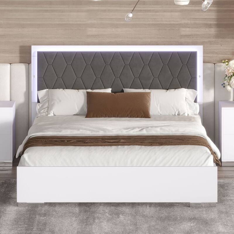Queen Size Upholstered Bed with LED Lights,Modern Platform Bed with Velvet Headboard