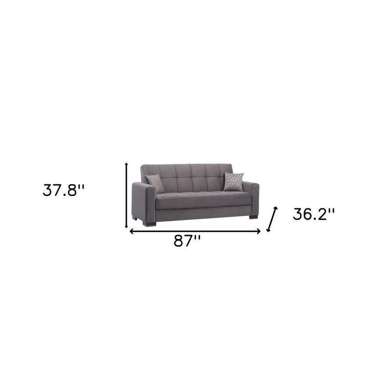 HomeRoots 87" Gray Microfiber Convertible Futon Sleeper Sofa And Toss Pillows With Storage