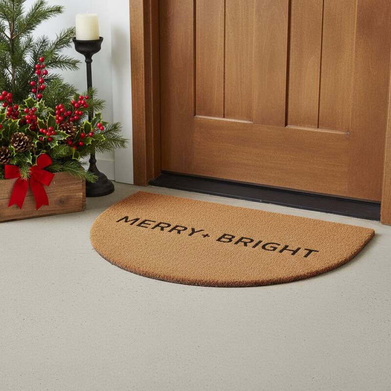 HomeRoots 24" X 36" Brown And Black Christmas Merry and Bright Semi Circle Outdoor Coir Door Mat - 24.00' X '36.00 - 24.00' X '36.00