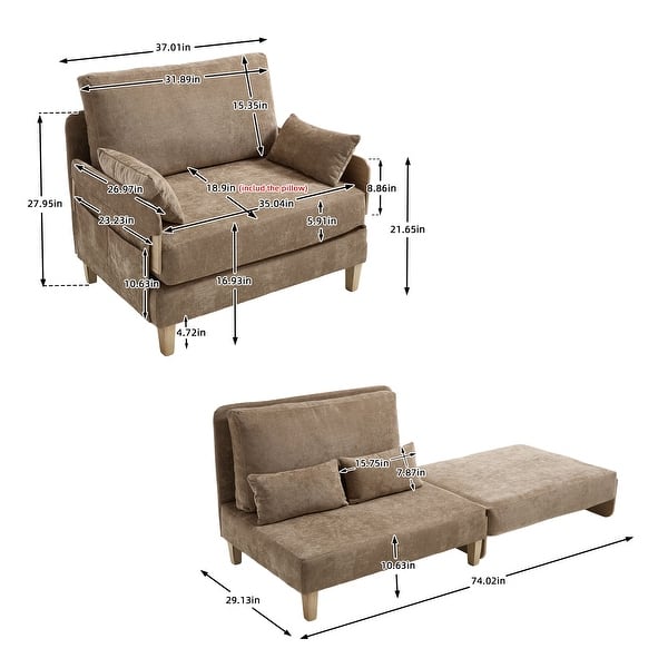 dimension image slide 3 of 5, Chenille Upholstered 3-in-1 Convertible Sleeper Foldable Sofa Bed Recliner Chair with 3 Pillows