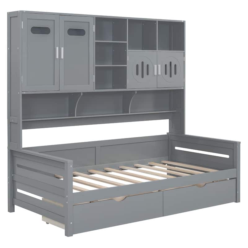 Gray Twin Size Wooden Daybed with 2 Drawers, Cabinet & Shelf