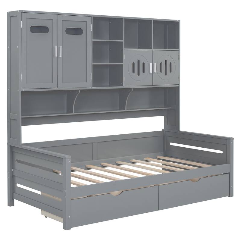 Gray Twin Size Wooden Daybed with Two Drawers, All-in-One Cabinet, and Shelf