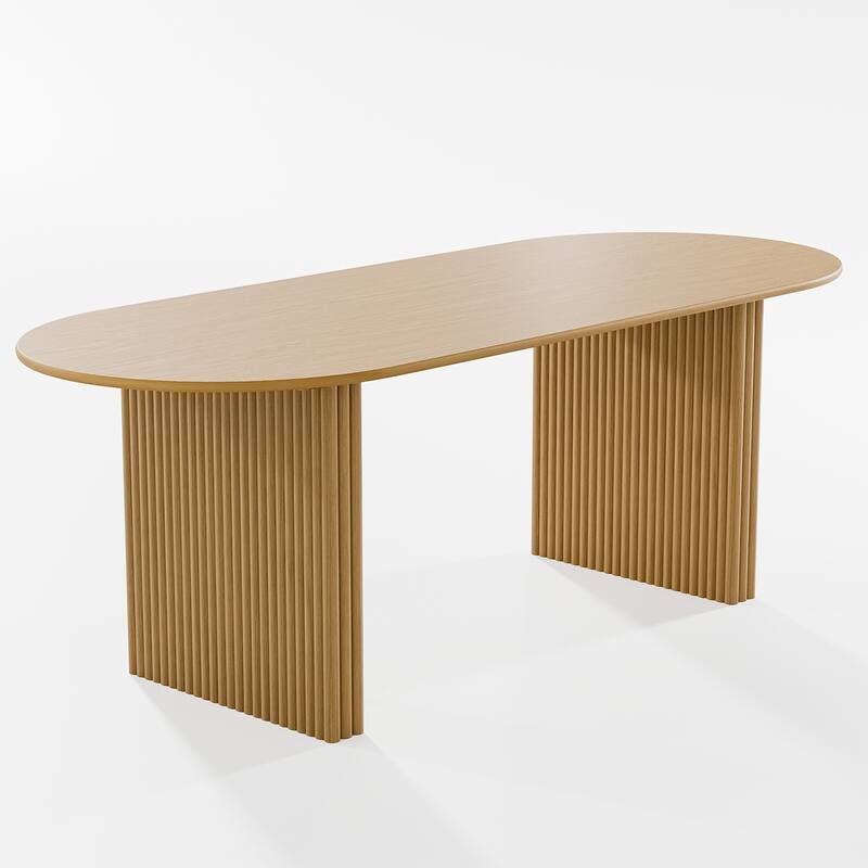 Large Oval Dining Table Seats 4-6 Modern Farmhouse Kitchen Table with Wood Strip Base for Home Living Room Kitchen Bar