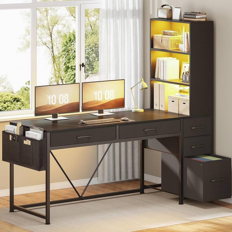 L Shaped Computer Desk 5 fabric Drawers Gaming Desk Storage Shelf