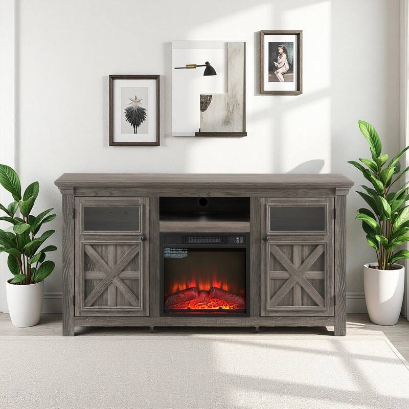 58-60" Fireplace TV Stand for 55-65" TVs w/ 18-23" Insert Farmhouse/Modern/Rustic Barn/Glass Doors Espresso/Grey/Brown/White Oak - 60.23inch - Grey