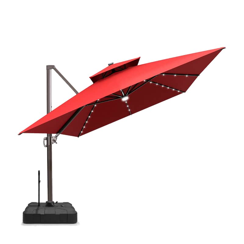 Pellebant 10X13 FT Outdoor Double Top Cantilever Patio Umbrella Solar LED Light with Rod Base - Red