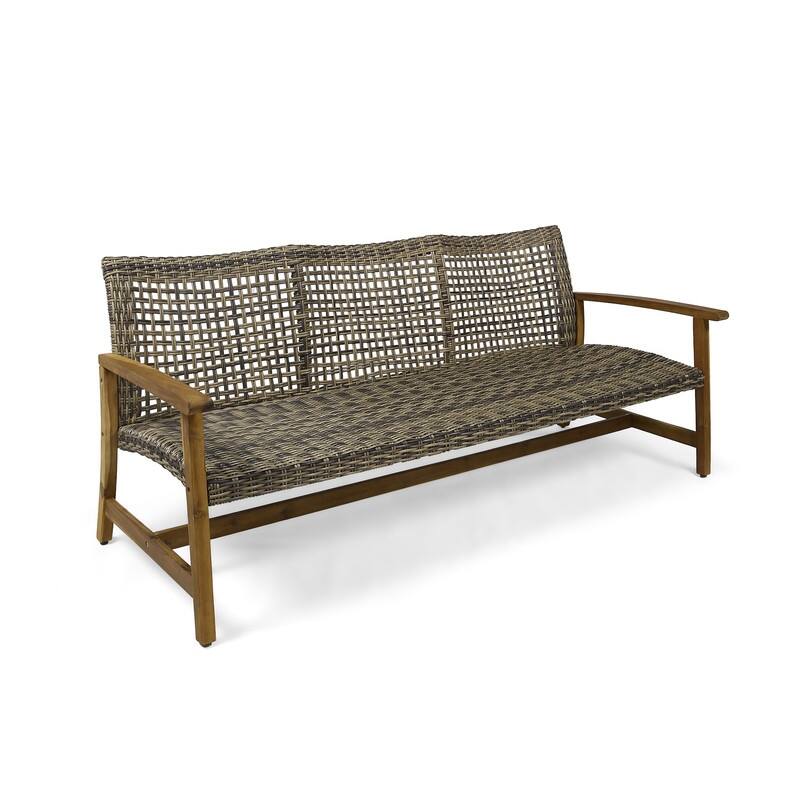 Outdoor Acacia Wood Wicker 3 Seater Sofa, Patio Furniture Conversation Set for Backyard