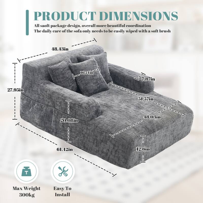 Chenille Lazy Sofa Chaise Lounge with Pillows - Convertible Armchair with Armrests, Multi-Position Sleeper for Living Room