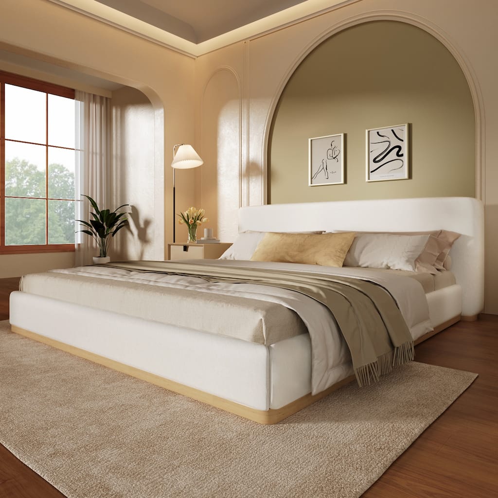 Solid Wood Frame Platform Bed White Velvet Upholstered Bed With Rounded Corners Headboard and Wood Slat Support King/Queen Size