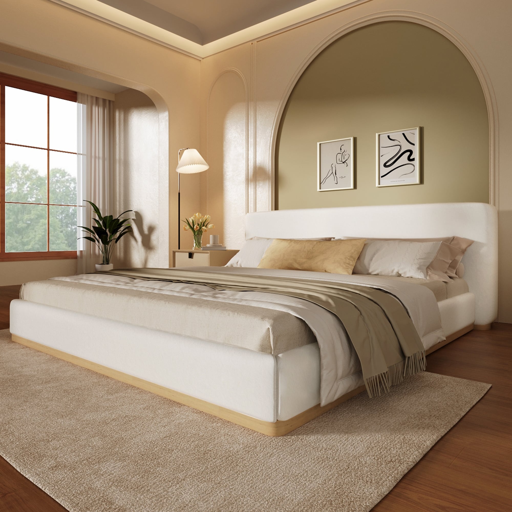 Solid Wood Frame Platform Bed White Velvet Upholstered Bed With Rounded Corners Headboard and Wood Slat Support King/Queen Size