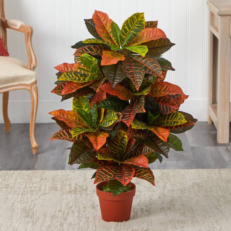 3' Orange Artificial Croton Plant in Brown Pot