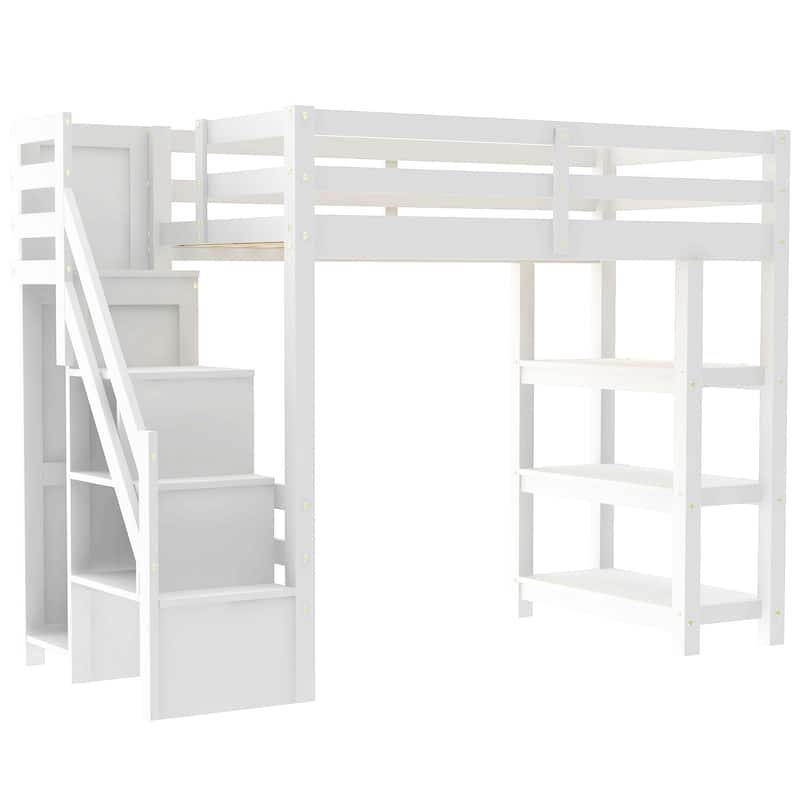Roomfitters Twin/Full Size Loft Bed with Wardrobe, Storage Staircase and LED Light, White