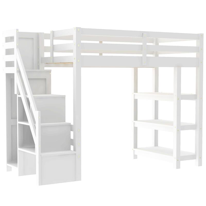 Wooden Loft Bed Frame with 4-tier Storage Shelf, Small Wardrobe, White LED Light and Storage Staircase, Space Saving Storage Bed