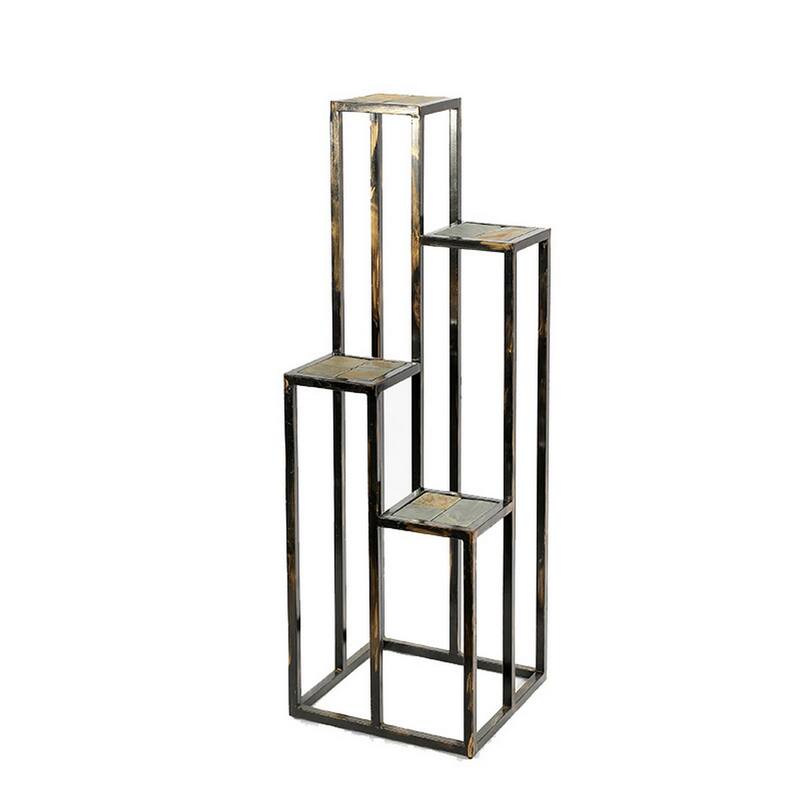 4 Tier Cast Iron Frame Plant Stand with Stone Topping, Black and Gold