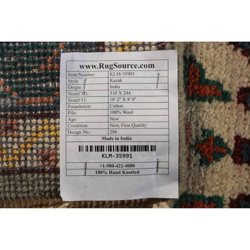 Green Geometric Kazak Oriental Area Rug Hand-Knotted Wool Carpet - 8'0" x 10'2"