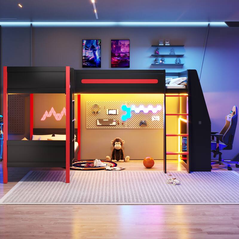 Roomfitters L-Shaped Twin Bunk & Loft Bed with Built-In Gaming Desk, LED Lights, Black and Red