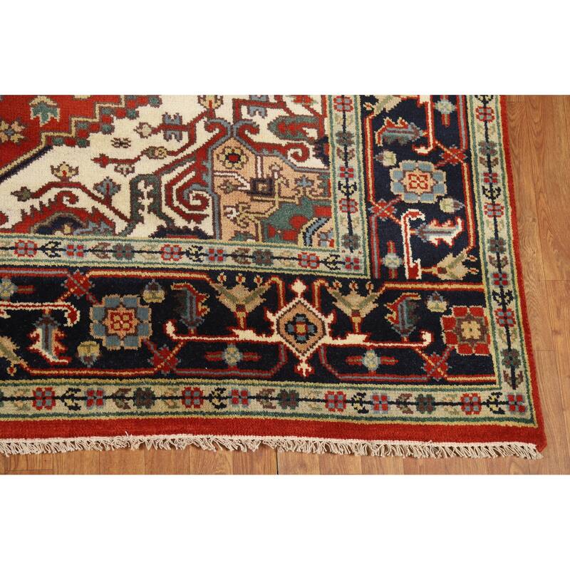 Medallion Heriz Serapi Indian Area Rug Hand-Knotted Wool Carpet - 7'11" x 9'10"
