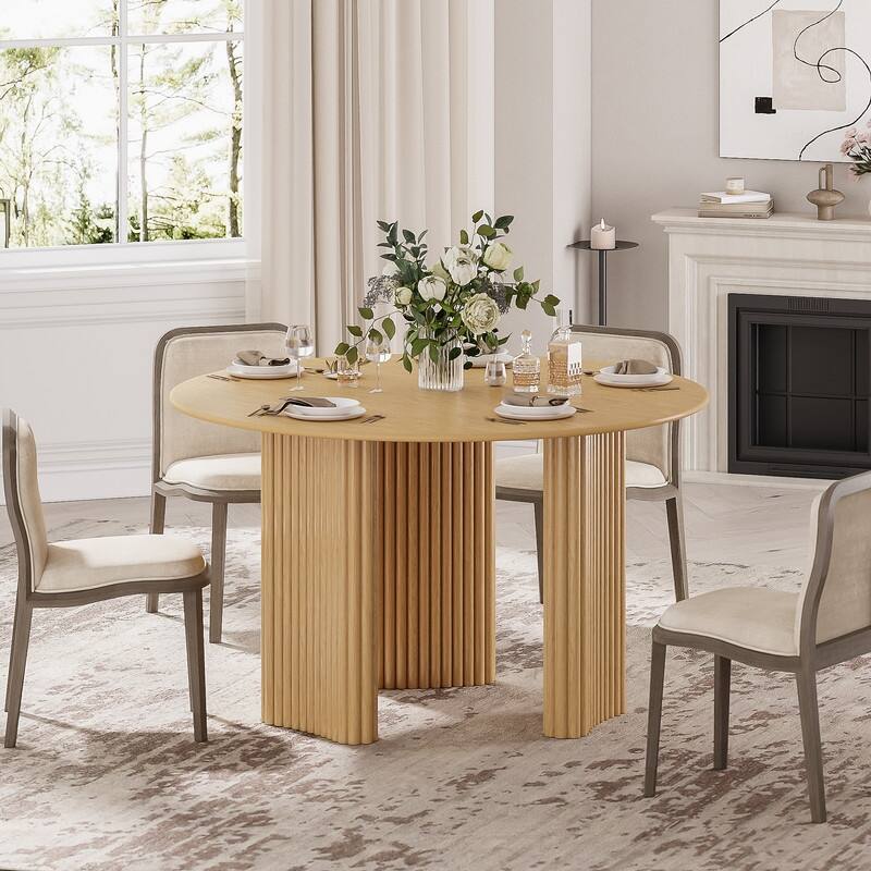 46" Round Dining Table Kitchen Table for 4 with Arc-Shaped Edge Top and Fluted Pedestal Legs for Living Room Dining Room Coffee