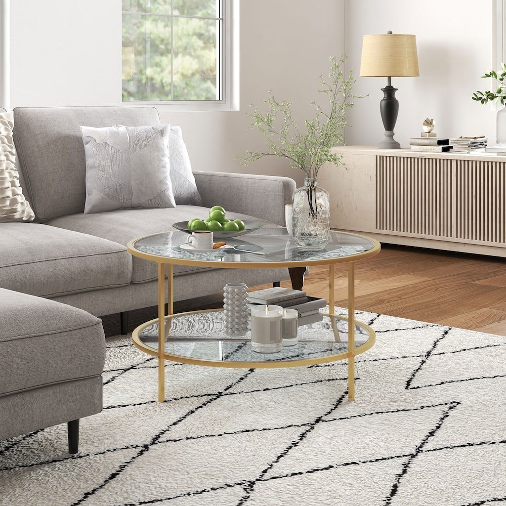 2-Tier Gold Side Table with Tempered Glass Top and Shelf Ideal for Living Room Decor - 31.5" Dia. x 16.9" H