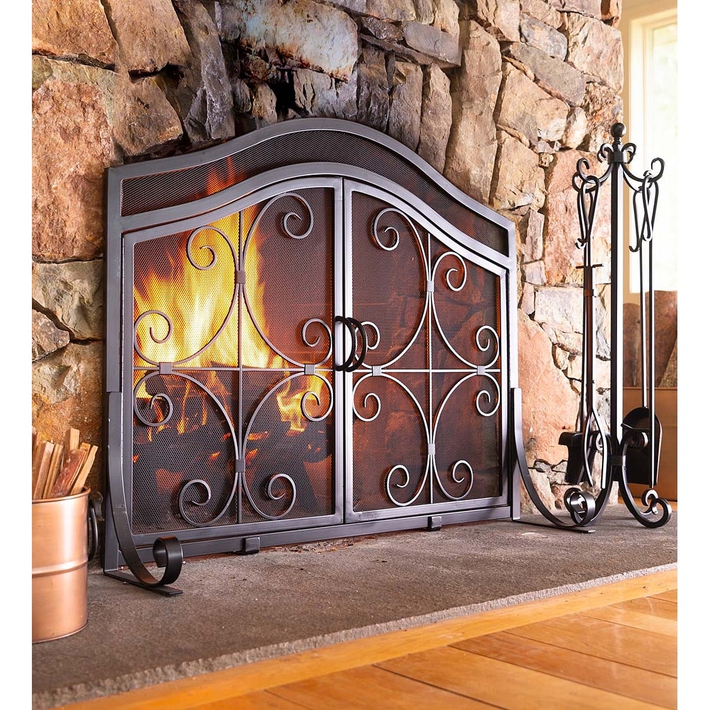 Large Crest Fireplace Screen With Doors Black One Size On Sale Bed  Bath  Beyond 34653975