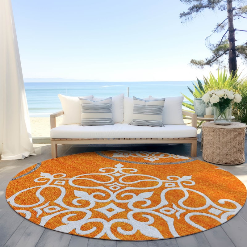 Machine Washable Indoor/ Outdoor Chantille Bold Medallions Rug - Orange - 8' x 8'