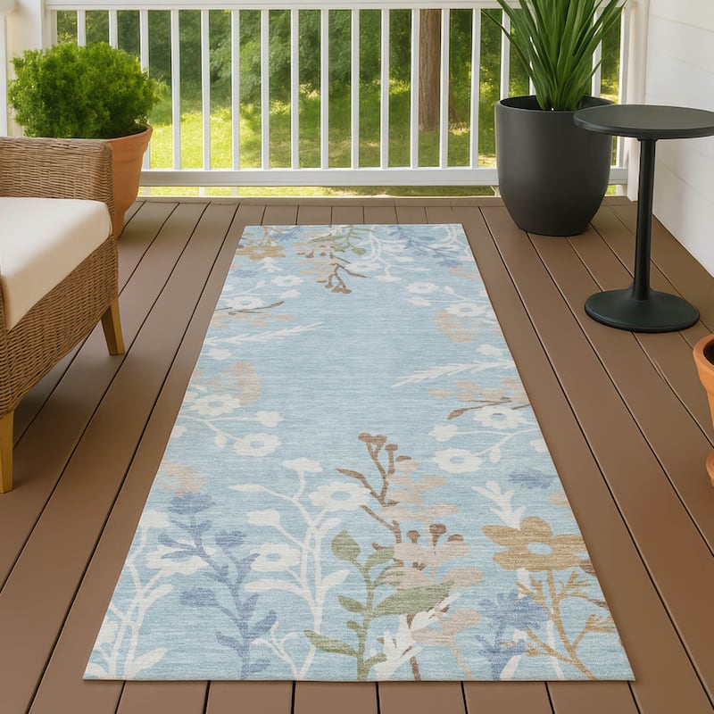 Machine Washable Indoor/ Outdoor Floral Border Chantille Rug - Sky - 2'3" x 7'6"