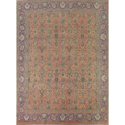 Distressed Floral Tabriz Persian Vintage Rug Handmade Wool Carpet - 9'8"x 12'6"