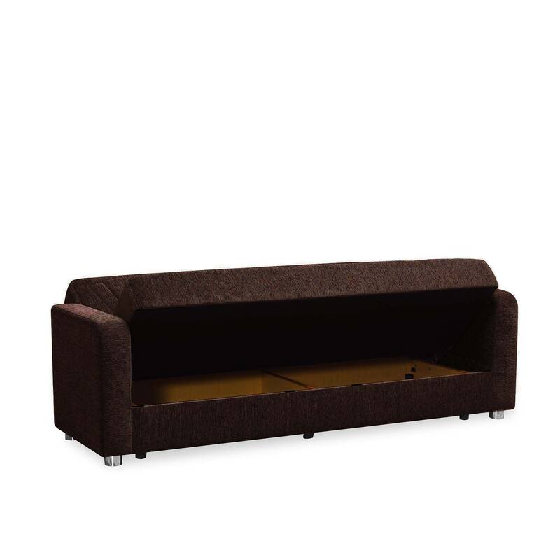 HomeRoots 87" Dark Brown Chenille Convertible Futon Sleeper Sofa And Toss Pillows With Storage