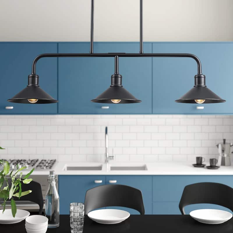 34" Modern Industrial Farmhouse Black Linear 3-Light Island Pendant Light with Cone Shades for Kitchen and Dining Room