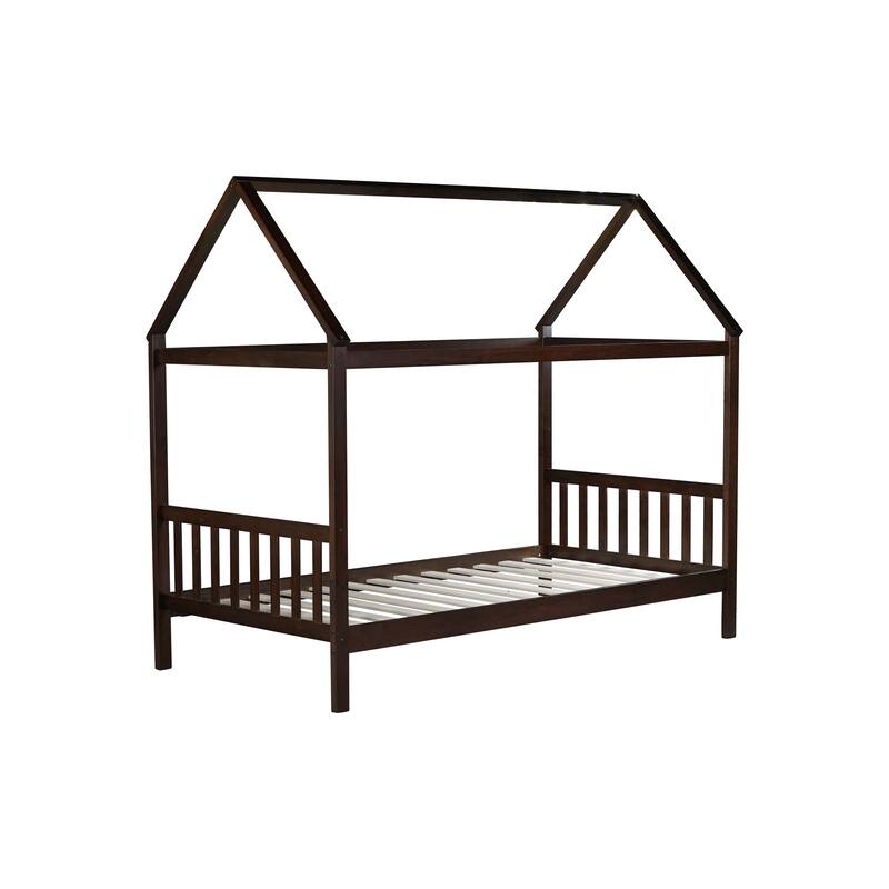 House-Shaped Twin Bed with Headboard & Footboard, Rubber Wood Frame in Espresso