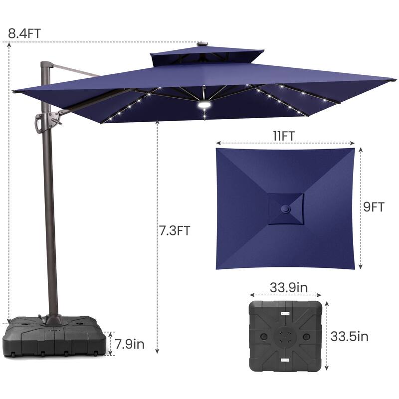9 x 11 FT Outdoor LED Lighted Double Top Patio Cantilever Umbrella with Base