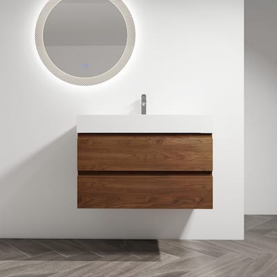 24/30/36 Single Sink Wall-Mounted Bathroom Vanity with Integrated Thick Edge Resin Sink